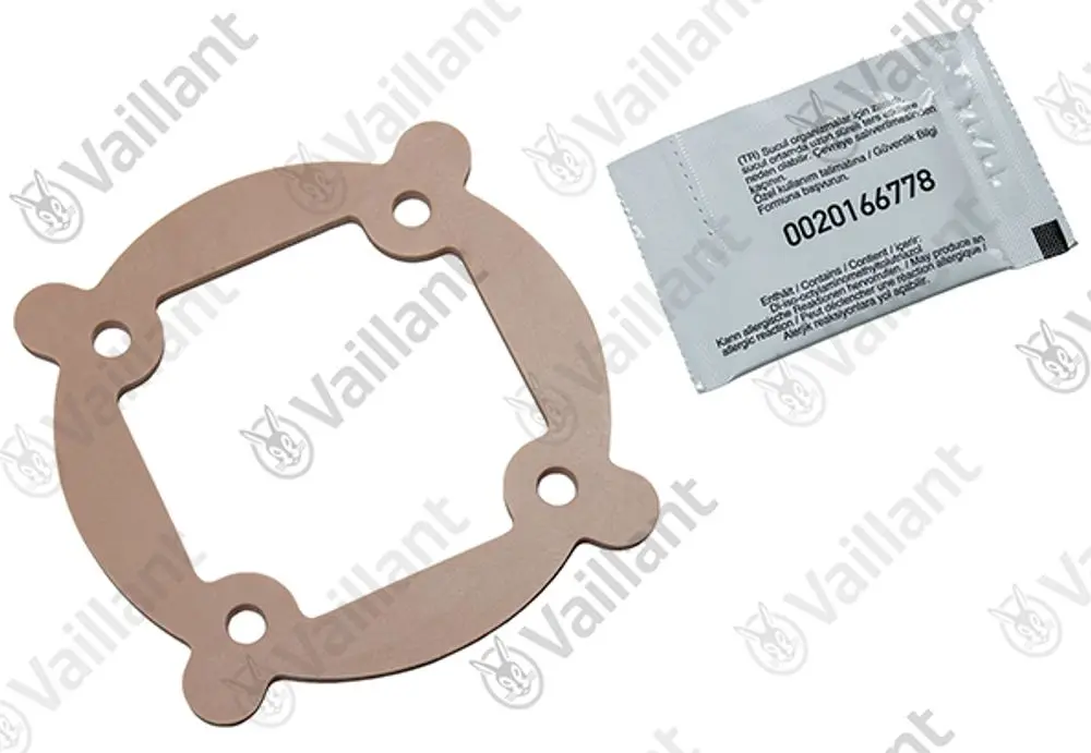 Vaillant Dichtung in runder Form mit vier Befestigungsbohrungen und einem sachet mit weiteren Informationen, abgebildet auf einem weißen Hintergrund.